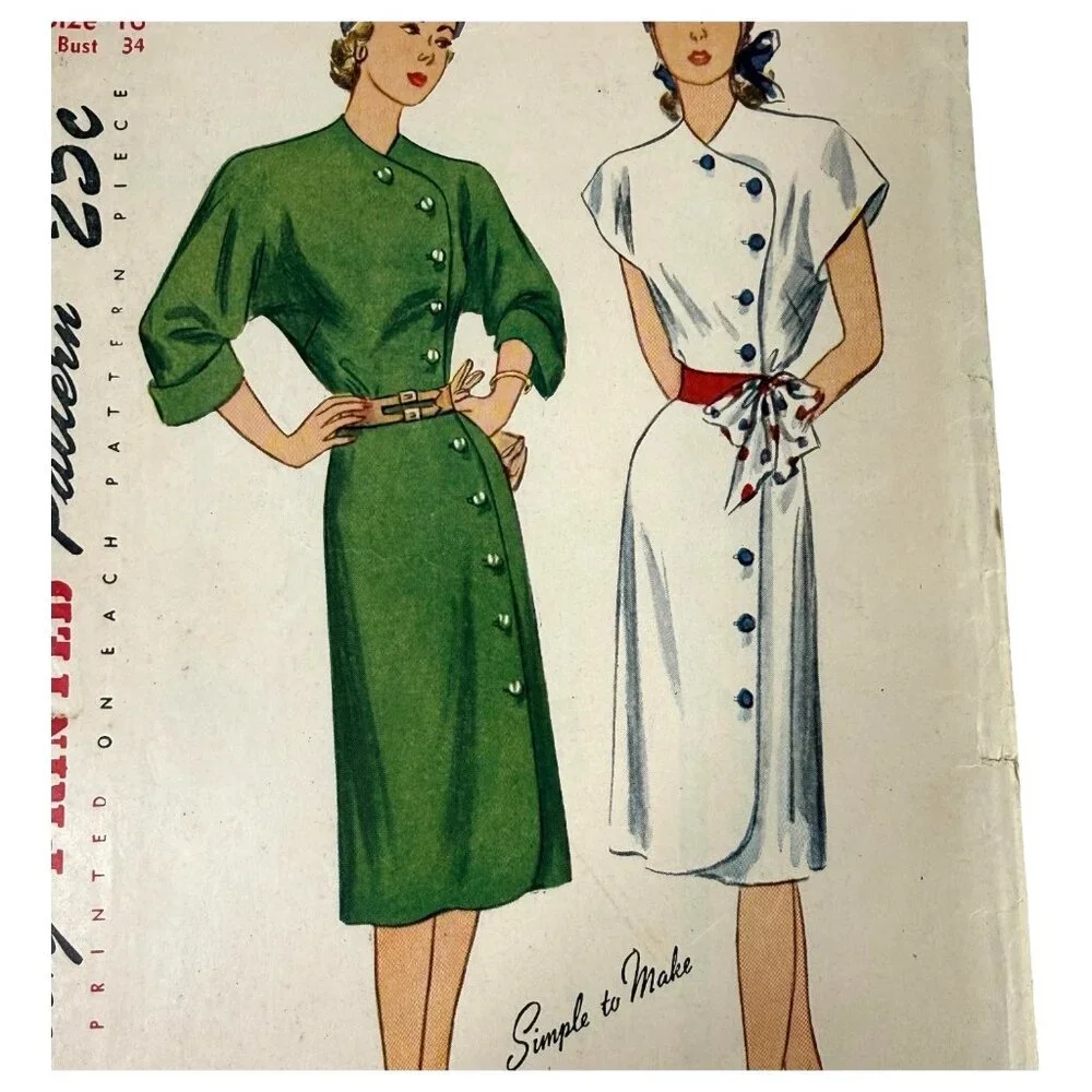 VTG 1946 Simplicity 1887‎ Sewing Pattern Shirtwaist Dress Size 16 Button Front